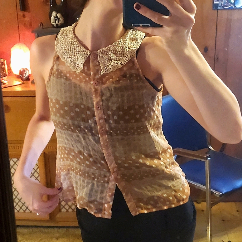 Sheer pink and white polka dot collared blouse
